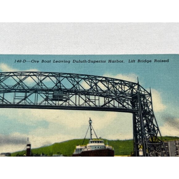 Vintage 1950s Duluth-Superior Harbor Postcard Ore Boat & Lift Bridge Raised - Picture 6 of 8